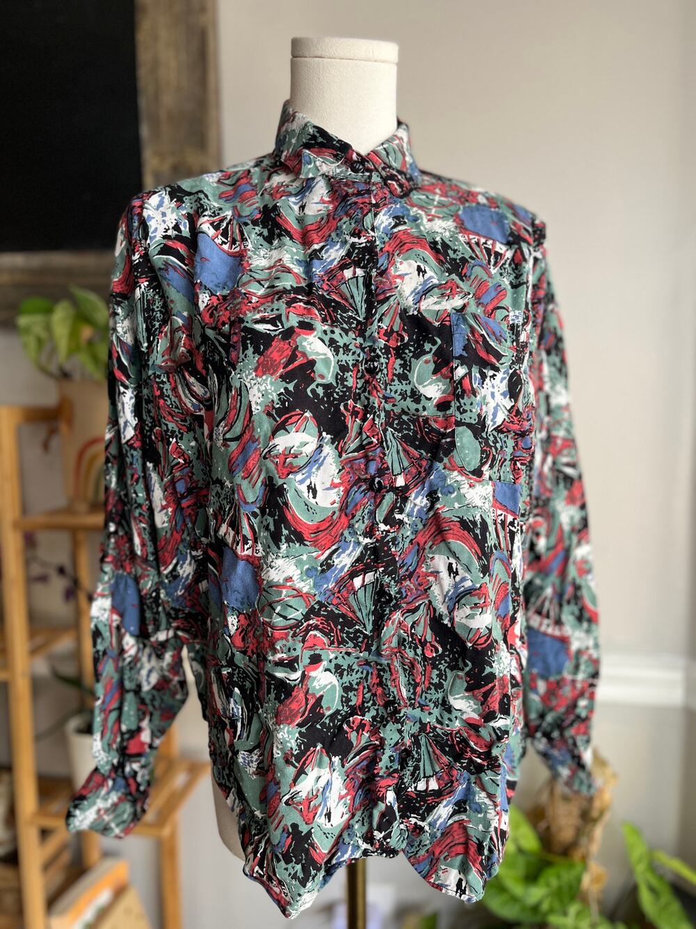 Vintage 80s Abstract Button Down Art to Wear Sage Salmon Blue Shirt Size Small